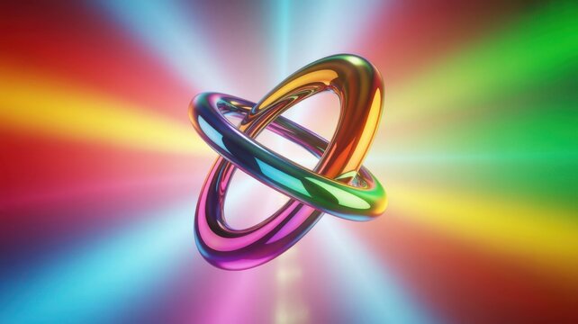 Two interlocking metallic rings with a vibrant rainbow radial light burst