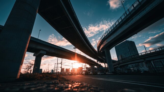 Urban Highway Interchange at Sunset with Rising Sun and City Skyline