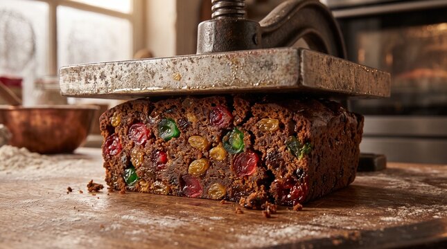 Rich dark fruitcake pressed under heavy metal weight on wooden board for holiday season.