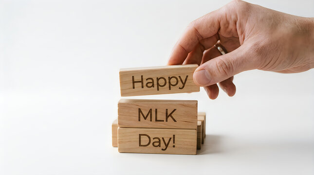 Hand stacking blocks spelling happy mlk day
