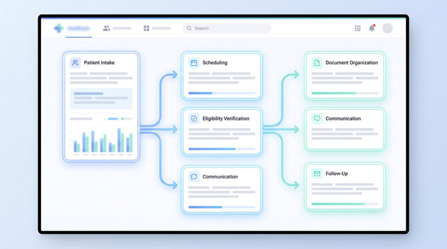 Healthcare ai workflow interface, flowchart showing patient intake, scheduling, eligibility verification, document organization, and communication