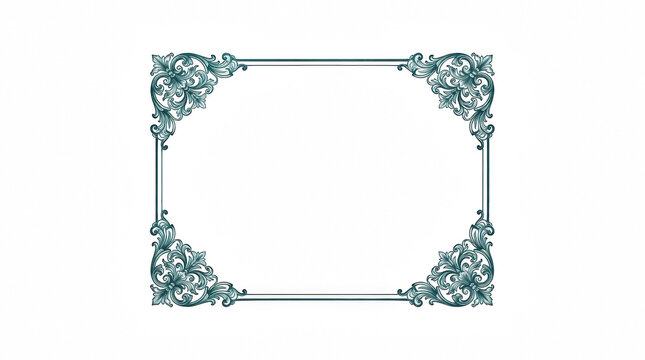 Ornate decorative rectangle border with intricate floral scrollwork in teal and silver isolated on transparent background