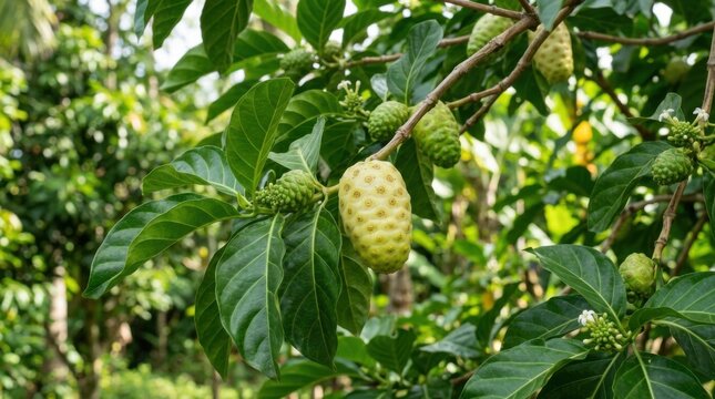 Fresh Noni Fruit on Tree Branch Tropical Exotic Plant Green Leaves Organic Healthy Food Concept