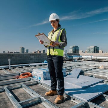 Female site supervisor in reflective vest checking checklist on metal roof frame structure at urban construction project.