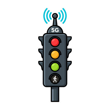5G Traffic Light Symbol with Pedestrian Signal and Wi-Fi Waves.