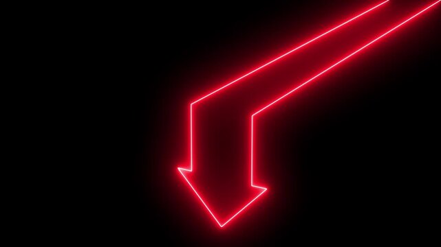 Glowing blue neon downward arrow icon for download sign, decrease trend, direction pointer, navigation indicator