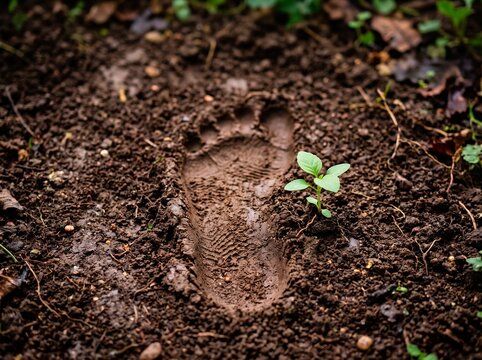 Human footprint stamped deeply into rich brown soil next to a tiny green sprout representing our lasting environmental impact on nature.