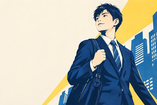 ビジネススーツ姿の男性と都会のビル群を描いたスタイリッシュなイラスト｜キャリア・通勤・仕事・成長・挑戦・未来・ビジネスマン・男性・スーツ・ネクタイ・バッグ・都市・オフィスビル
