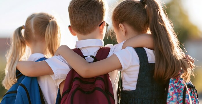 Children and students standing together as friends with backpacks in an elementary school unity