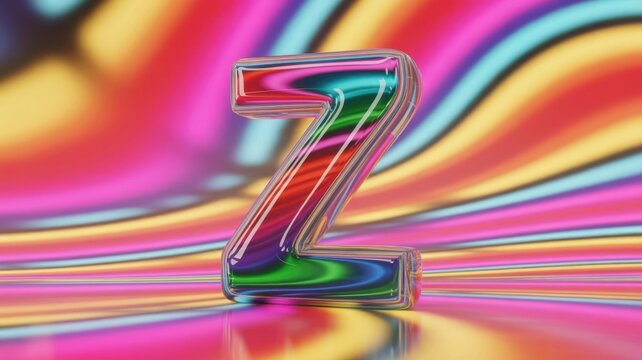 Glossy letter z with iridescent rainbow colors on wavy striped background