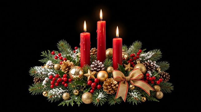 Christmas advent wreath with three lit candles and festive greenery