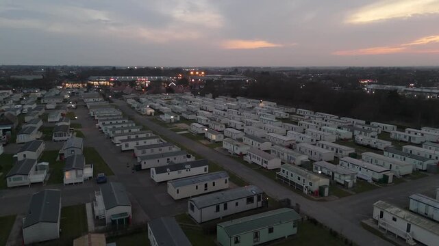 Aerial view of large holiday park at twilight