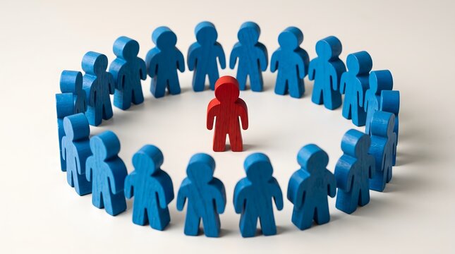 A red wooden figure standing in the center of a circle of blue wooden figures, representing leadership, individuality, or standing out from the crowd