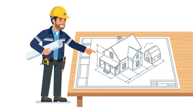 Male Construction Engineer in Hard Hat Presenting House Blueprint Architectural Project Illustration