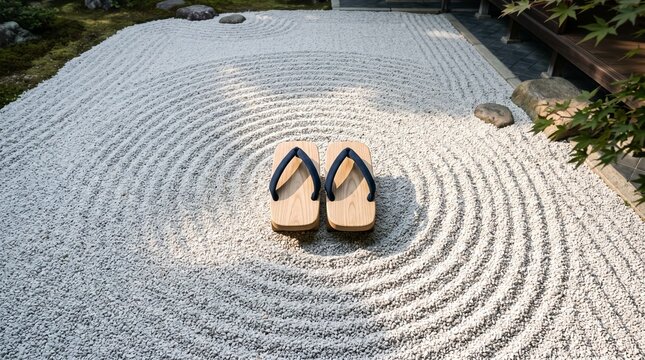 Japanese zen garden raked sand garden with traditional wooden geta sandals in center.