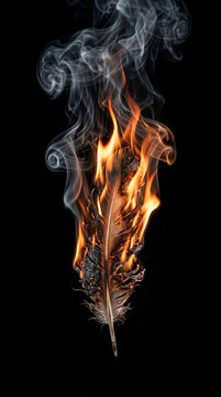 Feather Ablaze Fiery plume and smoke billows from burning quill on black background concept of transformation destruction or new beginnings