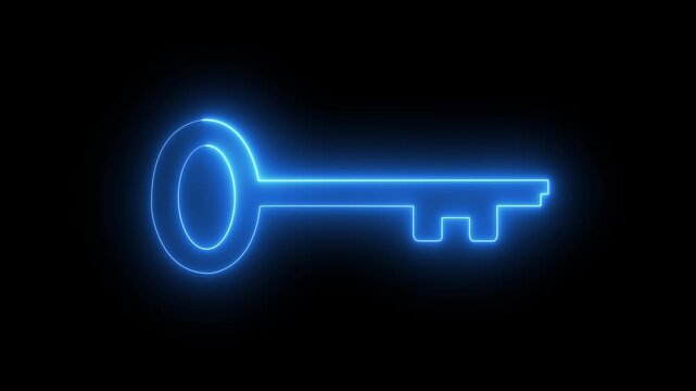 Glowing blue neon key icon for password access, cyber security, account unlock, encryption key