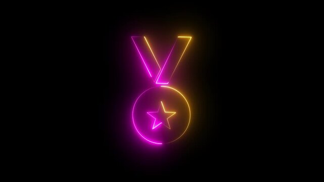 Glowing blue neon award medal icon with star symbol for winner achievement, competition prize, victory reward, quality badge