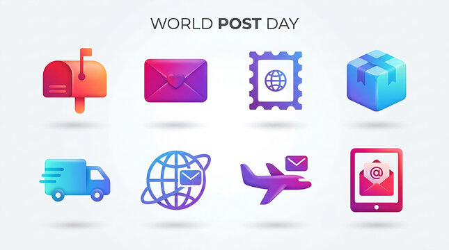 3D World Post Day Icon Set for Global Mail and Delivery Services, Transparent Background, Isolated on White