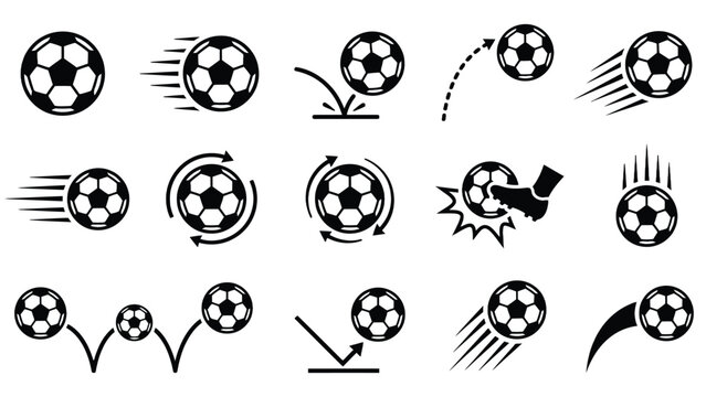 Soccer ball vector silhouette set showing motion, speed, kicking action, and bouncing dynamics