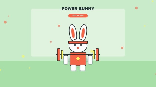 Animated cartoon rabbit lifting barbell weights in minimalist vector style