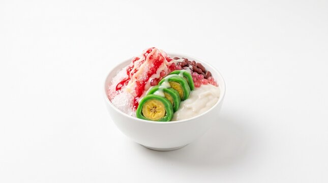 Authentic Es Pisang Ijo, Indonesian Traditional Iced Green Banana Dessert in a White Bowl on White Background
