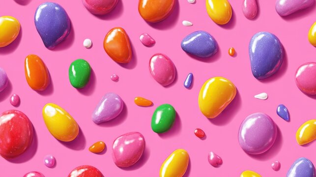 Colorful hard candy drops on pink background, sweet candy seamless pattern with vibrant sugar sweets, glossy confectionery texture, playful dessert design, festive wrapping paper and decorative backgr