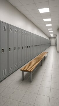 Empty locker room aisle with wooden bench and copy space