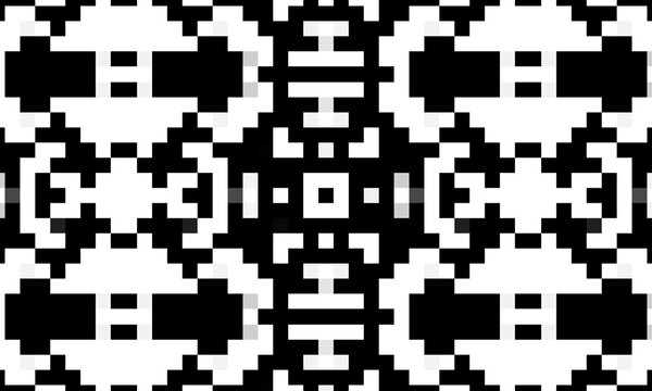 Seamless monochrome pixel art pattern featuring symmetrical black and white pixelated ornament motifs, isolated on a black background
