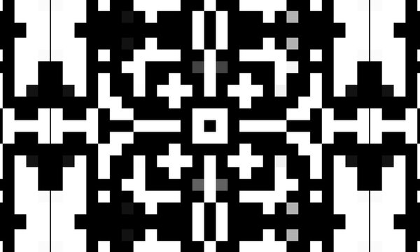 Seamless monochrome pixel art pattern featuring symmetrical black and white geometric tile motifs, isolated on a black background