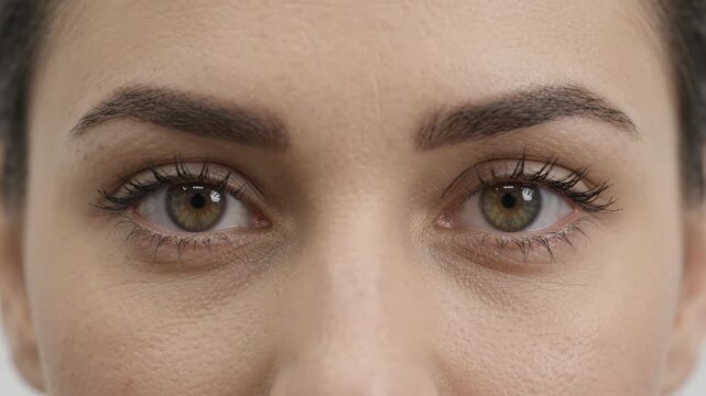 Close-up of woman's expressive eyes with subtle eyebrow movements, conveying thought and emotion.