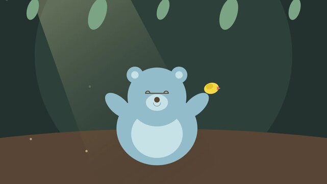 Cute blue animated bear interacting with a small yellow bird in a forest