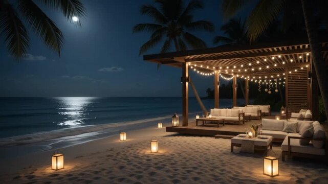 Romantic Luxury Beach Resort Lounge at Night with Full Moon Reflection on the Ocean and Elegant Wooden Pergola Illuminated by String Lights and Floor Lanterns on the White Sand Coastline.