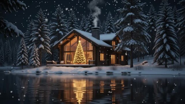 Beautiful cozy wooden cabin in a snowy pine forest at night with a glowing Christmas tree reflected in a calm lake during winter snowfall, peaceful and festive holiday season scenery.