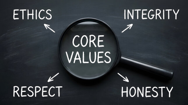 A black magnifying glass rests centrally on a dark chalkboard, its lens framing white handwritten text reading core values, with arrows pointing to ethics, integrity, respect, and honesty around it