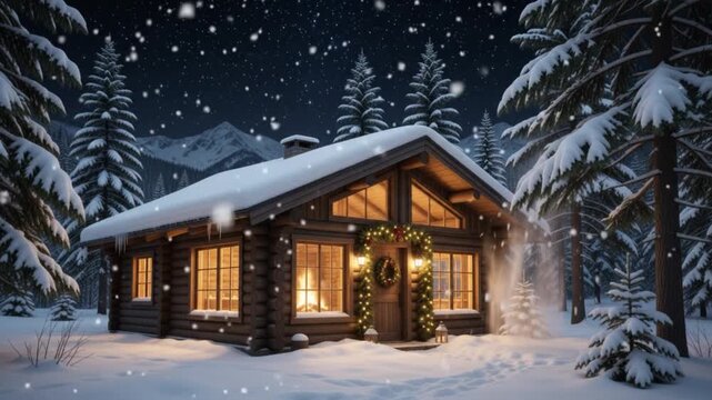 Cozy wooden log cabin nestled in a snowy winter forest at night with warm glowing windows, falling snow, and festive Christmas decorations against a backdrop of majestic mountains and starry sky