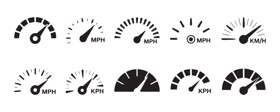 Black and white speedometer and tachometer collection illustrates measurement of speed and performance data.