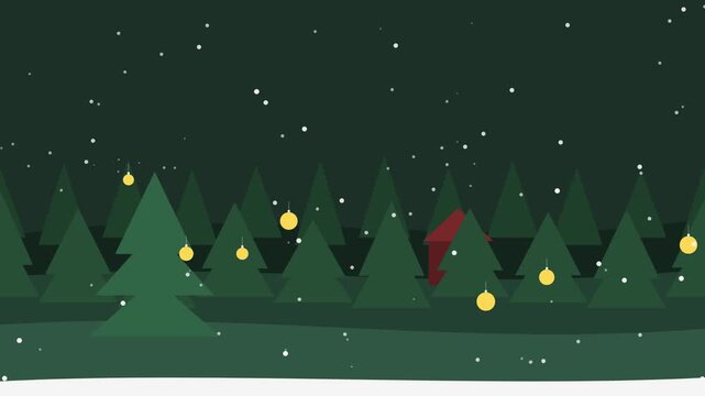 Animated winter forest with glowing ornaments and falling snow