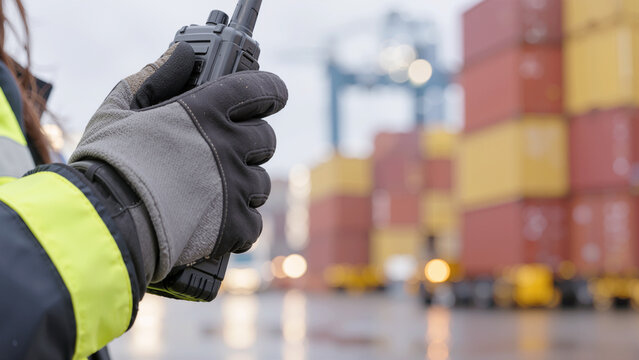 Dock worker in safety gear holding a walkie-talkie radio for logistics communication at a commercial container shipping terminal