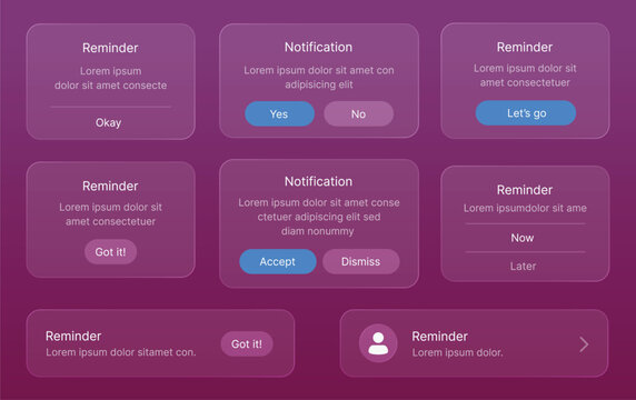 Vector UI reminder and notification modal cards set with translucent glassmorphism popups for mobile app and web interface