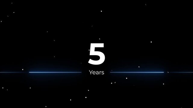 5 years anniversary celebration title animation with floating particles and glowing horizontal light lines.