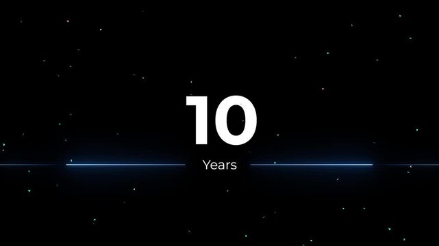 10 years anniversary celebration star rotation and particle break apart reveal animation.