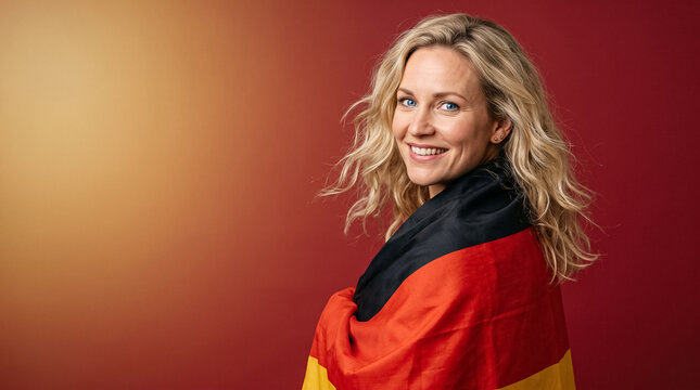 blonde woman smiling with german flag on shoulders on gradient red background