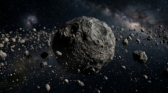 A massive astroid belt in deep outer space with many rocky asteroids floating around a large planetoid
