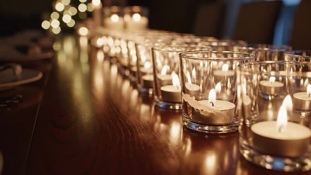 Row of burning tea light candles on a wooden table