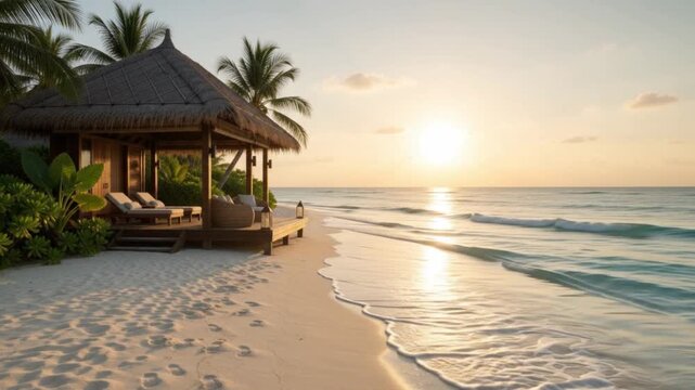 Serene Luxury Beach Villa with Thatched Roof on a Pristine Tropical Island at Golden Sunset, Featuring Calm Ocean Waves, White Sand, and Palm Trees for a Perfect Summer Vacation and Travel Concept