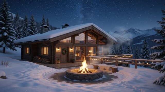 Cozy wooden cabin nestled in the snowy mountains at night featuring a warm burning fire pit on the patio under a spectacular starry sky with the Milky Way and glowing illuminated windows.