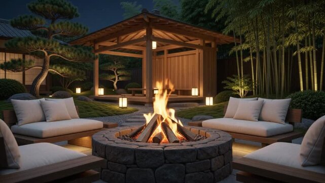 Serene Japanese Zen garden at night featuring a cozy stone fire pit with burning logs, surrounded by modern luxury outdoor seating, traditional wooden gazebo, bamboo trees, and warm lanterns.