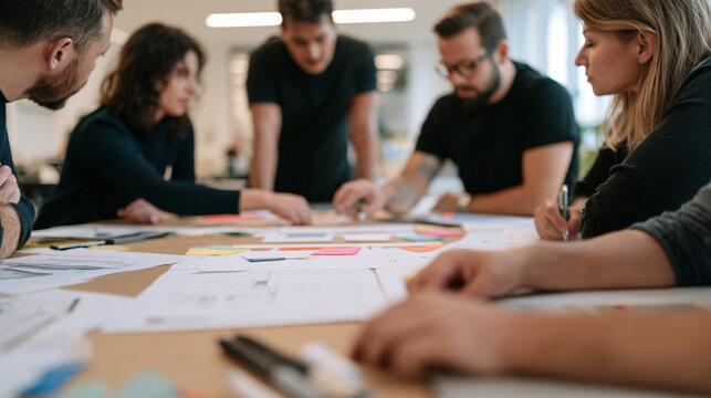 Creative Team Gathering Around Table for Design Thinking Workshop and Collaboration