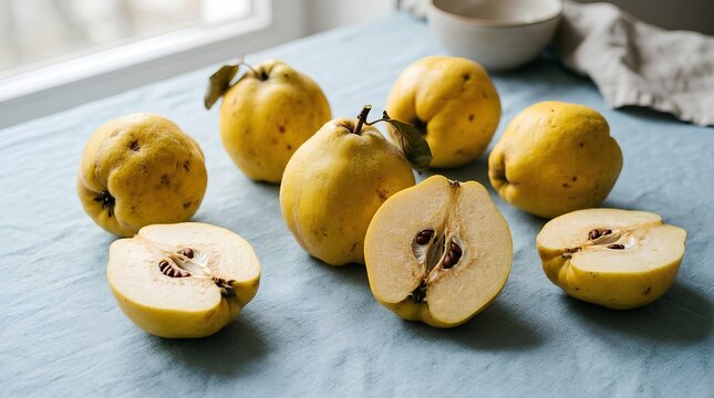 Whole and halved quince fruits on blue cloth